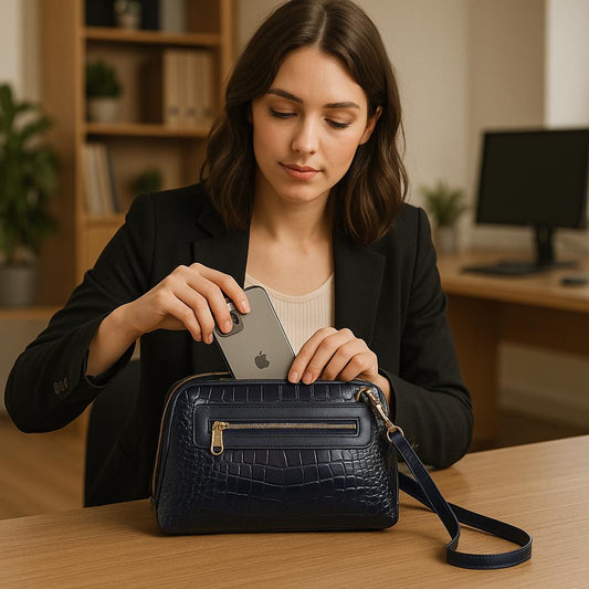 Woman placing a smartphone into a blue handbag in an office setting
