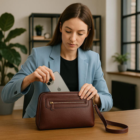 Woman in a blue blazer holding an iPhone and a brown leather handbag indoors.