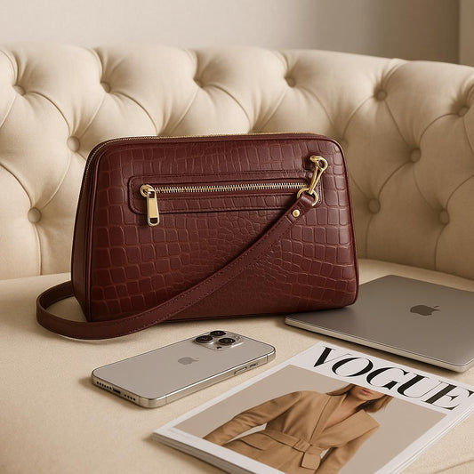 Brown crocodile-patterned handbag on a beige surface with a phone, magazine, and laptop.