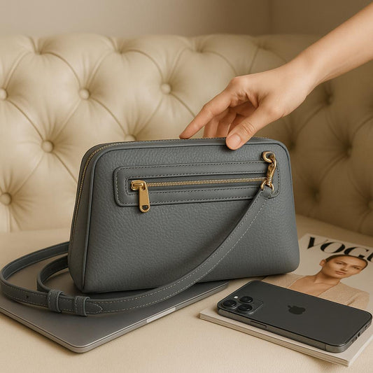Gray handbag with gold zipper on a beige surface with a phone and magazine.