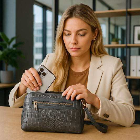 Woman in a beige blazer holding a phone and black handbag in an indoor setting