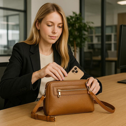 Woman in a professional setting placing a phone into a brown handbag.