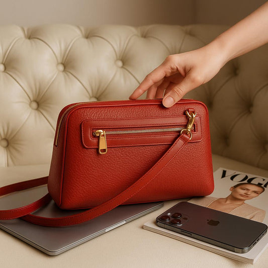 Red handbag with gold zipper on a surface with a magazine and phone