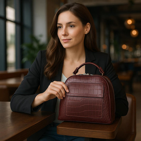 Woman holding a brown handbag in a blurred indoor setting