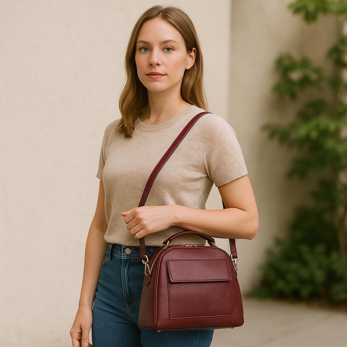 Woman holding a maroon handbag against a neutral background