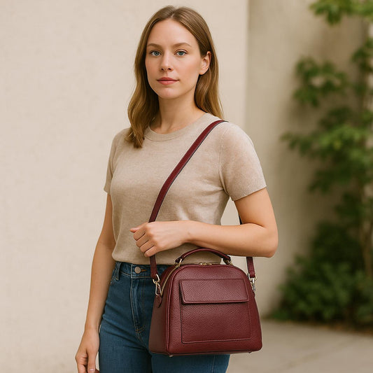 Woman holding a maroon handbag against a neutral background