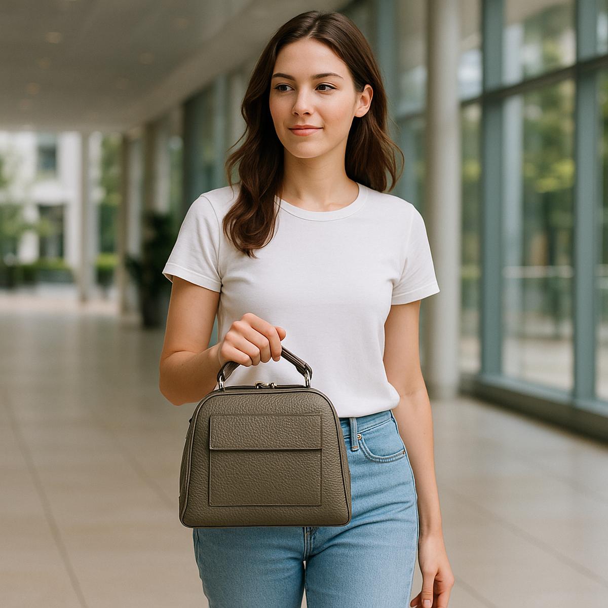 LeatherLuxe beige satchel held by model