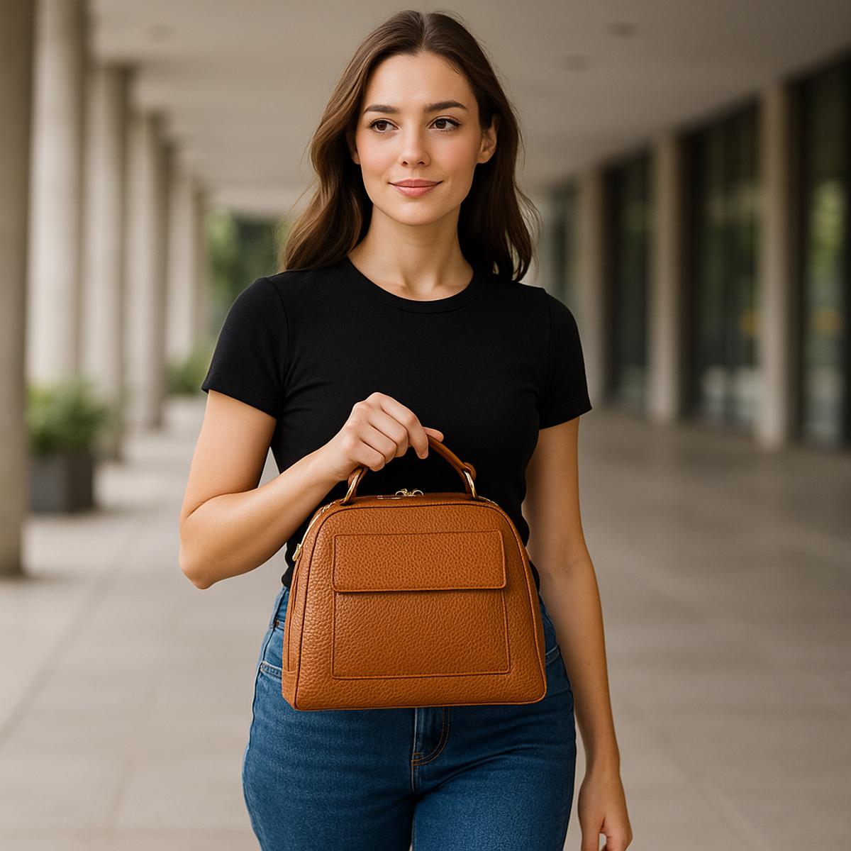 LeatherLuxe light-brown structured satchel handbag on model