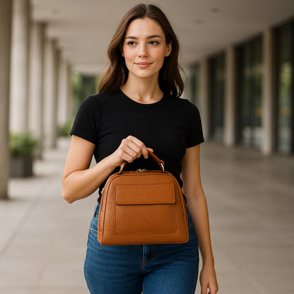 Woman holding a brown leather bag in an outdoor setting