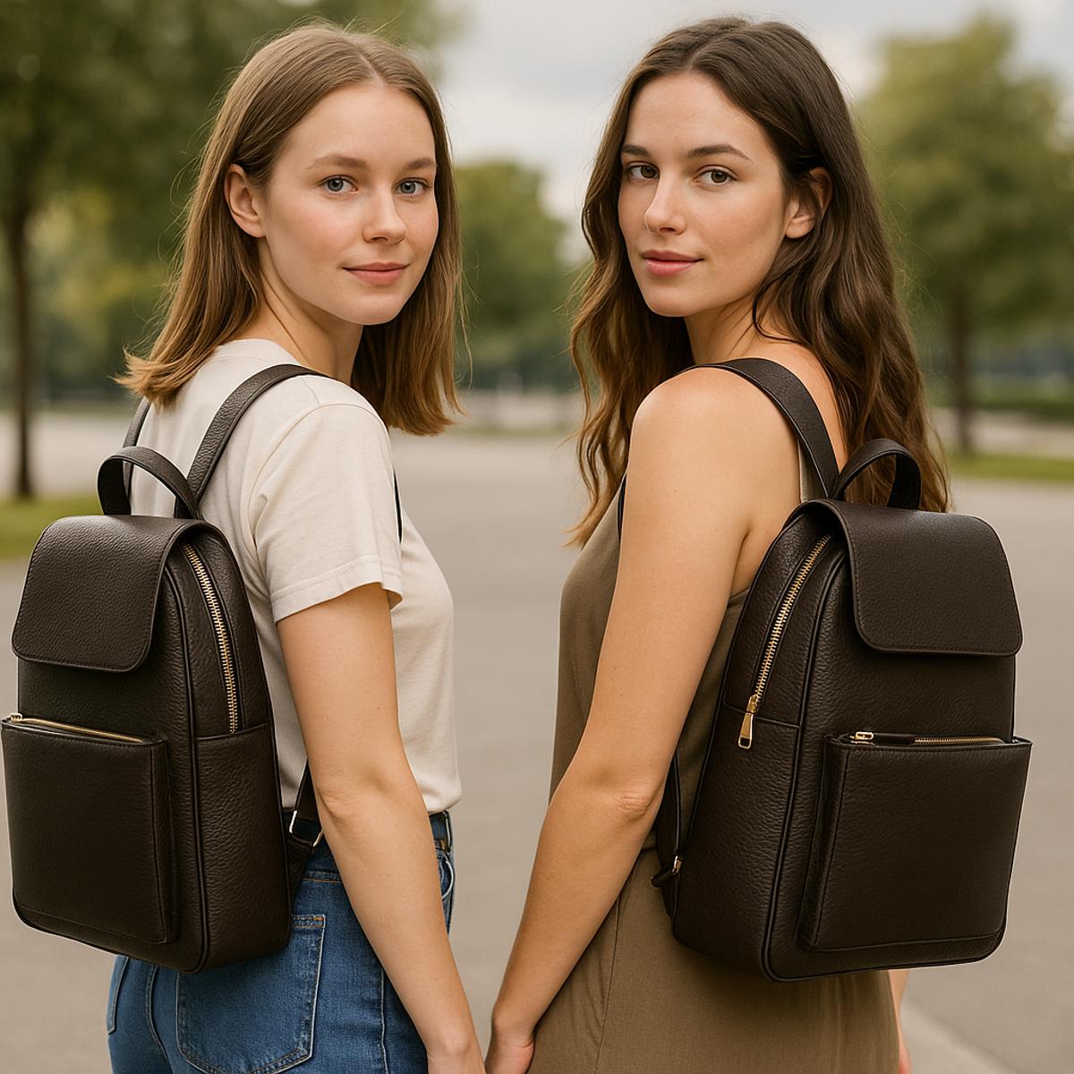 Two women standing outdoors, each wearing a dark brown leather backpack.