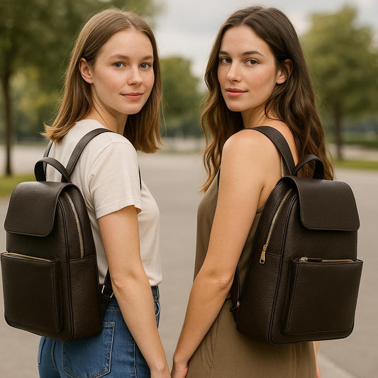 Two women standing outdoors, each wearing a dark brown leather backpack.