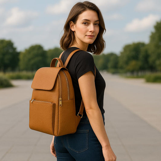 Woman with a brown backpack walking outdoors on a path with trees in the background