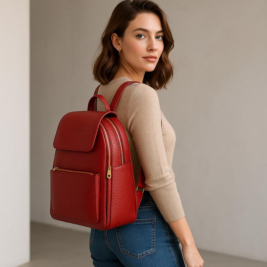 Woman wearing a red backpack against a neutral background