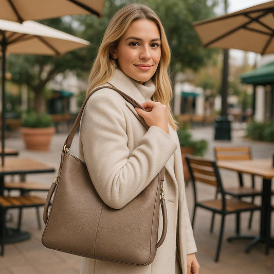 Woman holding a brown handbag in an outdoor setting with tables and umbrellas.
