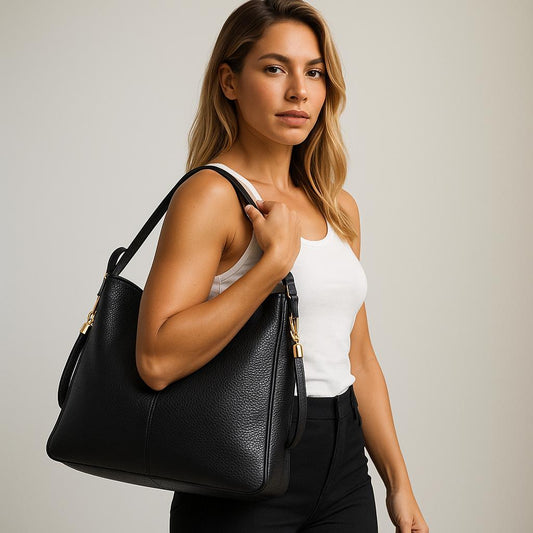 Woman carrying black leather tote bag on shoulder, showcasing LeatherLuxe luxury tote design