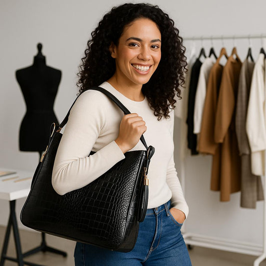 Woman carrying black crocodile-style embossed leather tote bag on shoulder, showcasing LeatherLuxe luxury handbag design