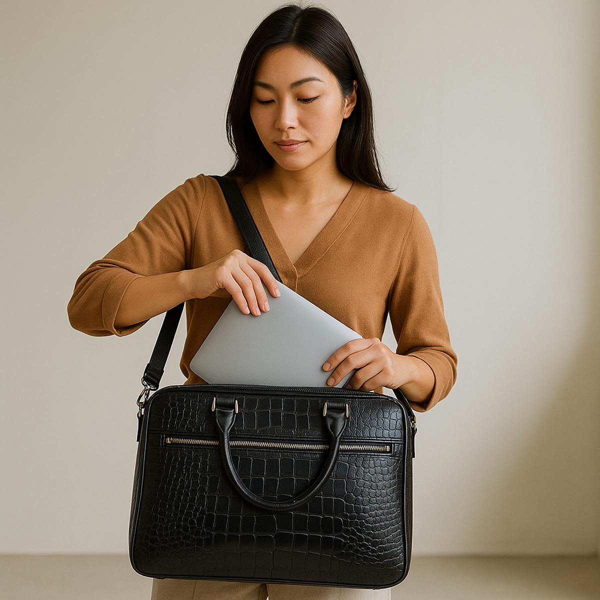 Woman holding a black crocodile-patterned briefcase with a laptop inside on a beige background
