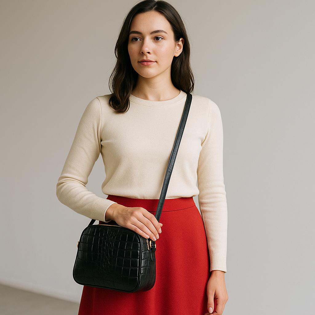 Woman holding a black handbag against a neutral background