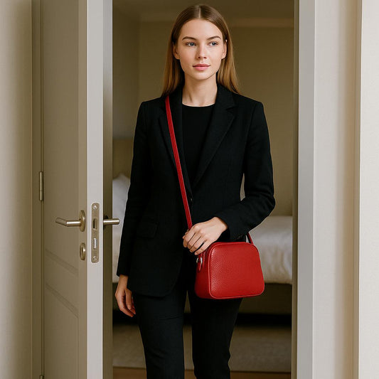 Woman in a black suit with a red handbag standing in a doorway.