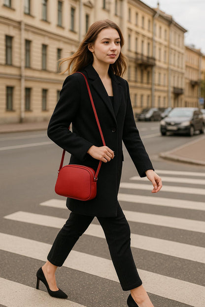 Woman crossing a street with a red handbag