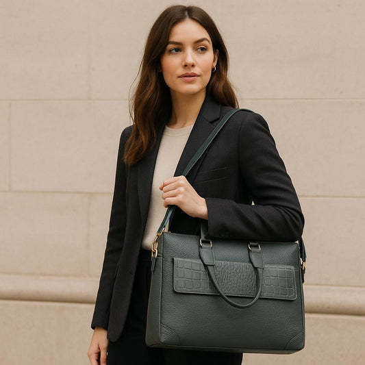 Woman holding a dark green handbag against a beige wall
