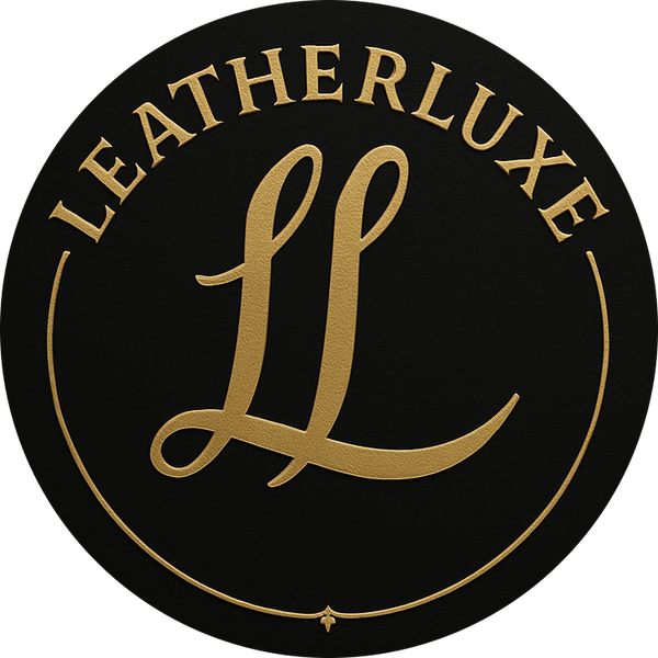 LeatherLuxe circular logo with gold 'LL' monogram and brand name in elegant typography