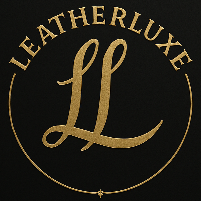 LeatherLuxe square logo featuring gold 'LL' monogram and brand name on dark background